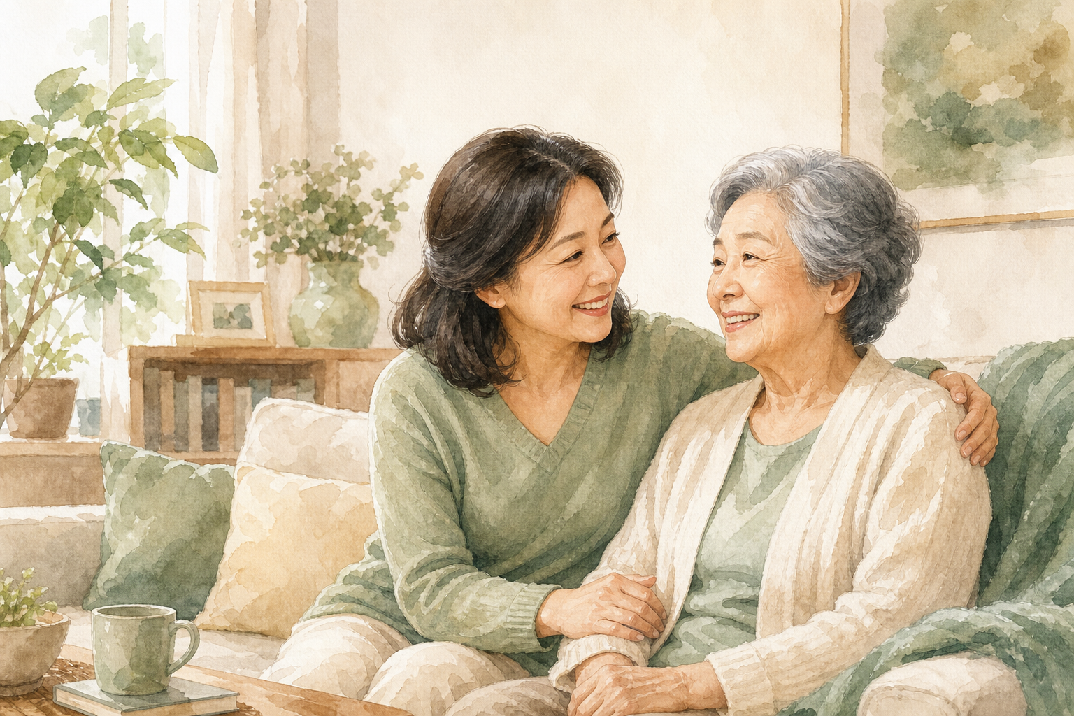 Illustration: adult East Asian daughter with her older East Asian mother in a cozy living room; warm editorial watercolor style.